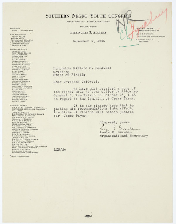 Letter from Louis E. Burnham to Governor Millard Caldwell Regarding Lynching of Jesse James Payne, November 5, 1945