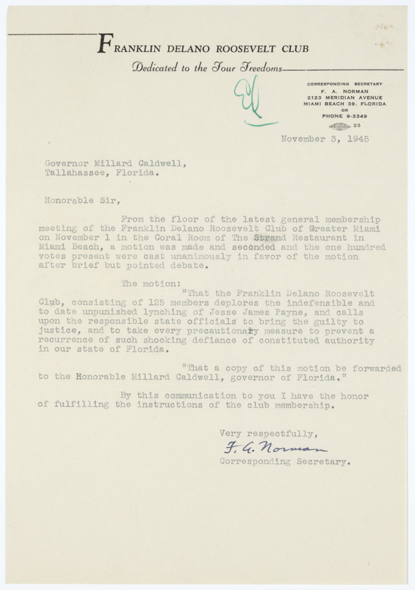 Correspondence Between F. A Norman and Governor Millard Caldwell Concerning Lynching of Jesse James Payne, November 3, 1945