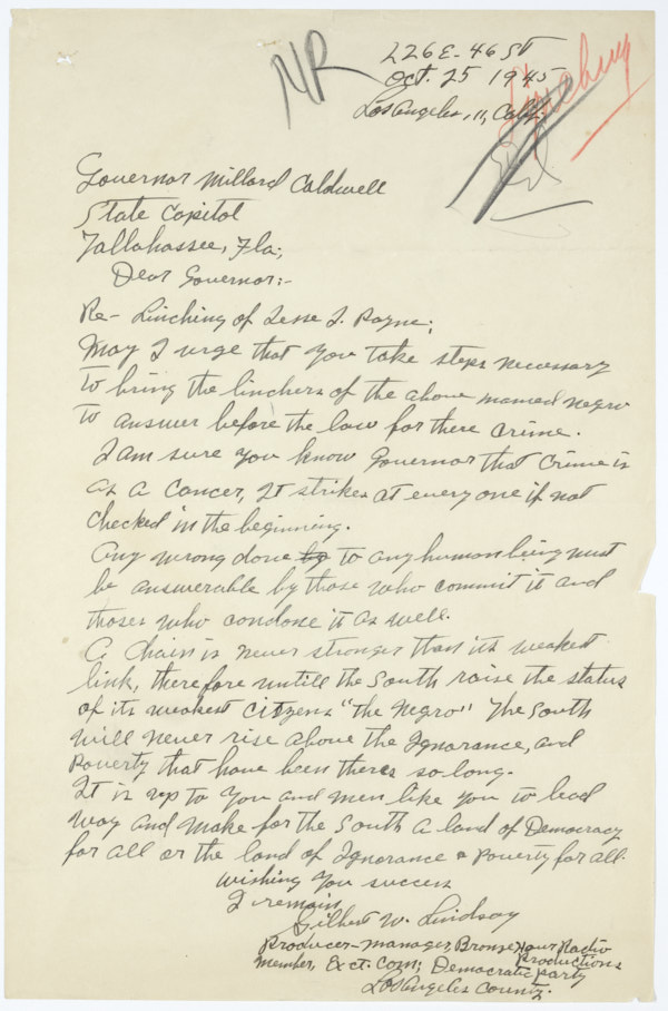 Letter from Gilbert W. Lindsay to Governor Millard Caldwell Concerning Lynching of Jesse James Payne, October 25, 1945