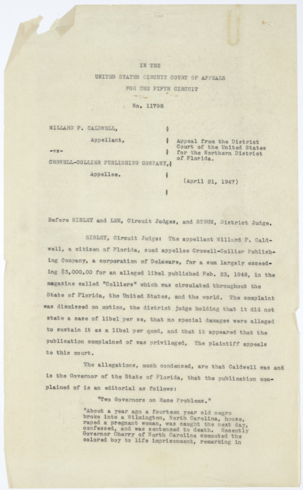 An Appeal made by Millard Caldwell Concerning a Libel Case, April 21, 1947