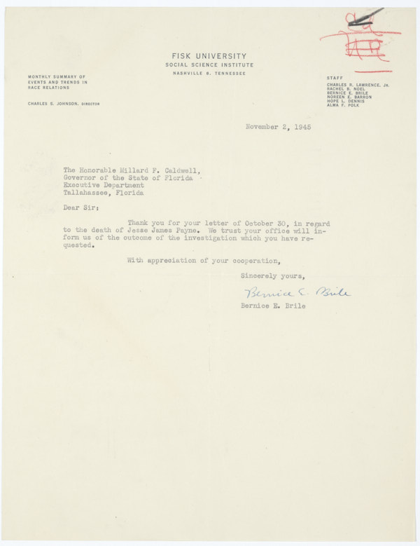 Correspondence Between Bernice E. Brile and Governor Millard Caldwell Concerning Lynching of Jesse James Payne, November, 1945