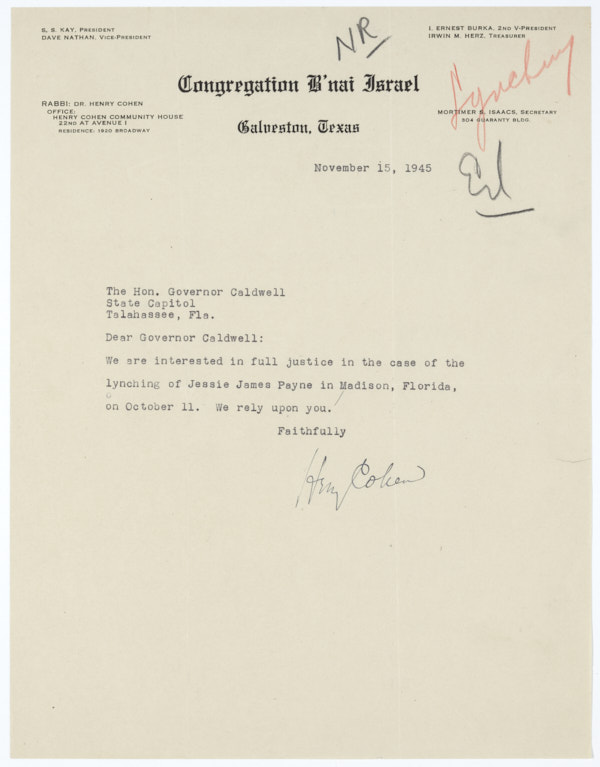 Letter from Rabbi Henry Cohen to Governor Millard Caldwell Concerning Lynching of Jesse James Payne, November 15, 1945
