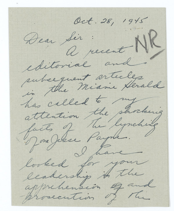 Letter from Jean Rosen to Governor Millard Caldwell Regarding Lynching of Jesse James Payne, October 28, 1945