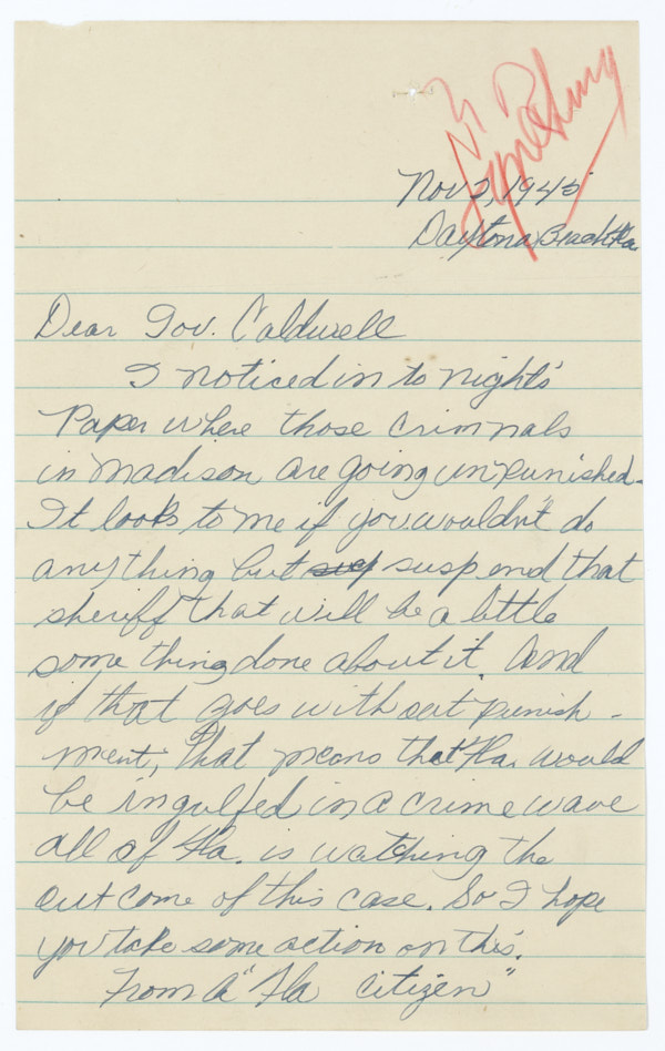 Letter from a Florida Citizen to Governor Millard Caldwell Concerning Lynching of Jesse James Payne, November 2, 1945