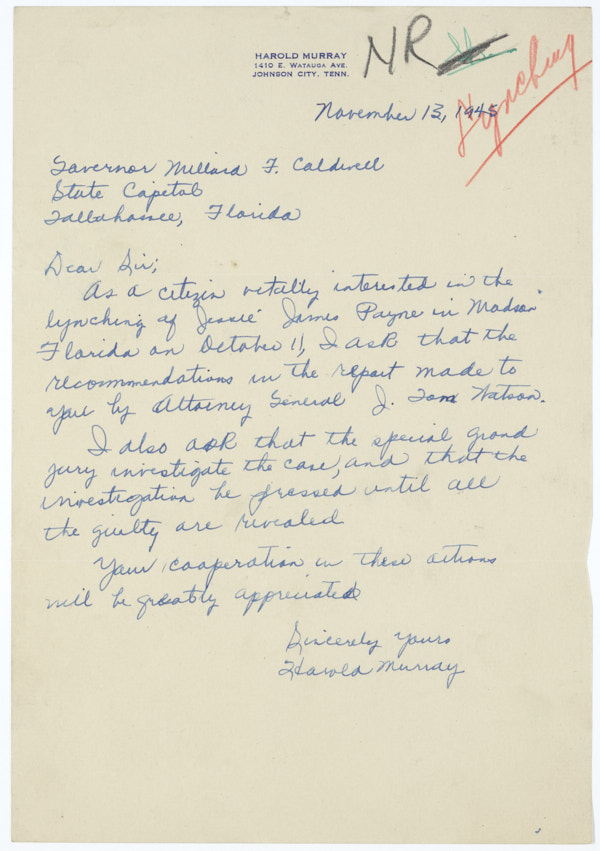 Letter from Harold Murray to Governor Millard Caldwell Regarding the Lynching of Jesse James Payne, November 13, 1945