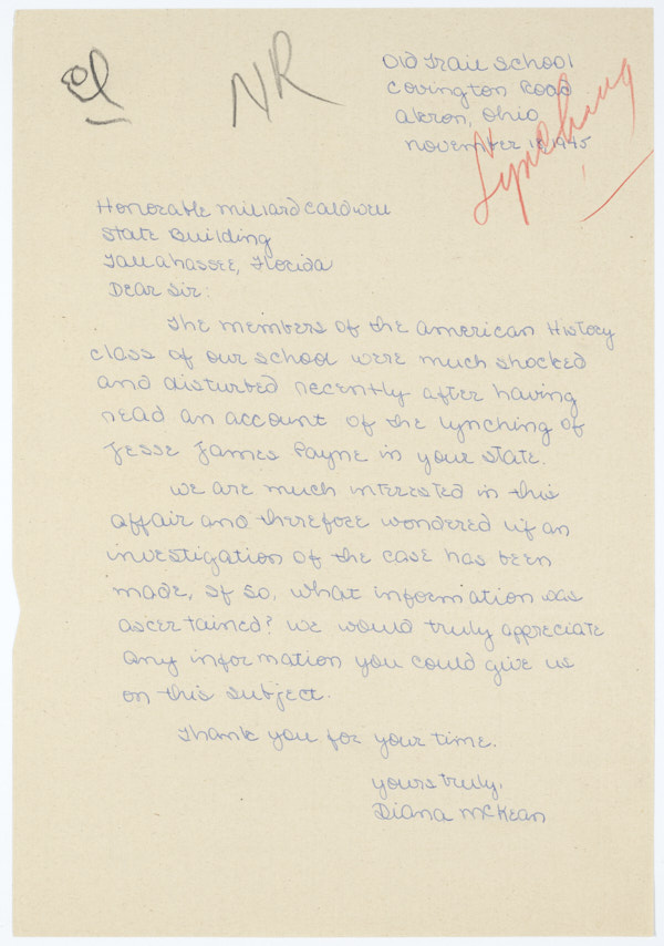Letter from Diana McKean to Governor Millard Caldwell Regarding the Lynching of Jesse James Payne, November 18, 1945