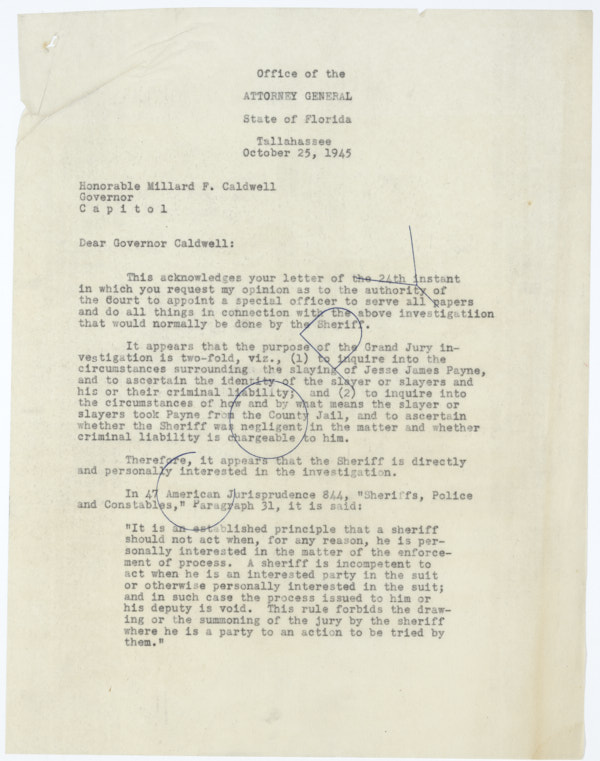 Letter Written to Millard Caldwell Advising the Removal of Sheriff from Investigation Surrounding Jesse James Payne