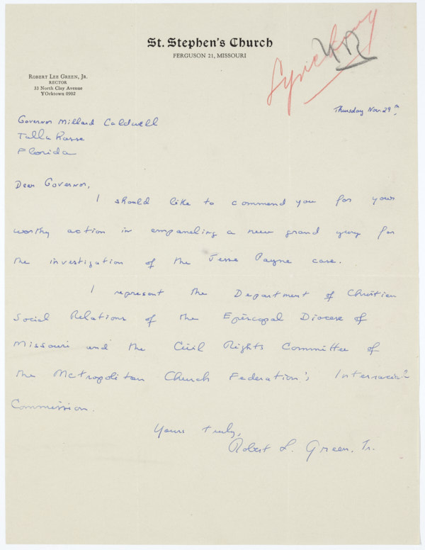 Letter from Robert Lee Green, Jr. to Governor Millard Caldwell Regarding the Lynching of Jesse James Payne, November 29, 1945