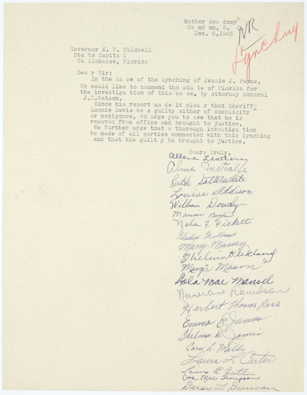 Letter from Mather Academy in Camden, South Carolina, Asking for the Removal of Sheriff Lonnie Turner Davis