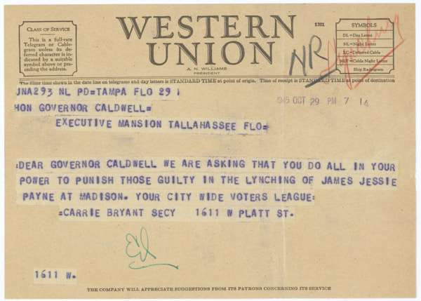 Telegram from Carrie Bryant to Governor Millard Caldwell Regarding the Lynching of Jesse James Payne, October 29, 1945