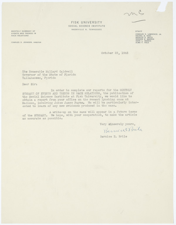 Correspondence between Bernice E. Brile and Governor Millard Caldwell Concerning Lynching Case of Jesse James Payne, October, 1945
