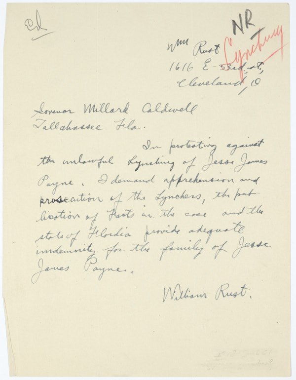 Letter from William Rust to Governor Millard Caldwell Protesting Lynching of Jesse James Payne