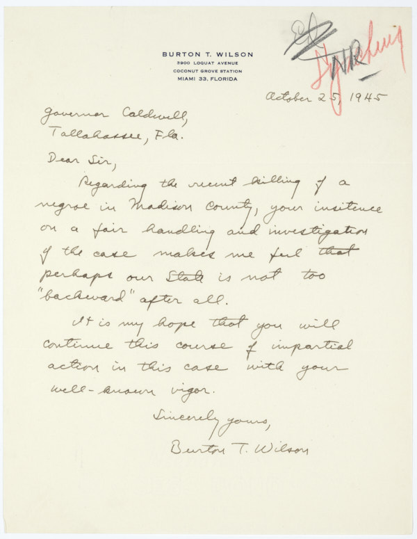 Letter from Burton T. Wilson to Governor Millard Caldwell Regarding the Lynching of Jesse James Payne, October 25, 1945