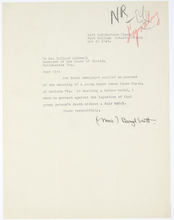Letter from Mrs. Beryl Scott to Governor Millard Caldwell Protesting the Lynching of Jesse James Payne, October 22, 1945