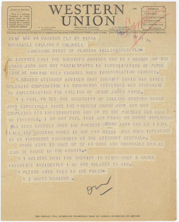 Telegram from Senator William Turner Davis to Governor Millard Caldwell, October 24, 1945