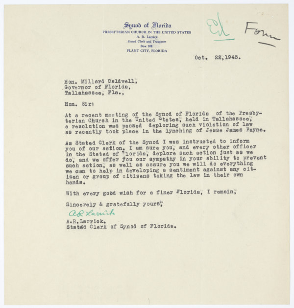 Letter from A. R. Larrick to Governor Millard Caldwell Regarding the Lynching of Jesse James Payne, October 22, 1945