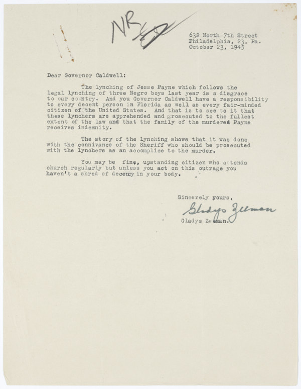 Letter from Gladys Zeeman to Governor Millard Caldwell Concerning the Lynching of Jesse James Payne, October 23, 1945