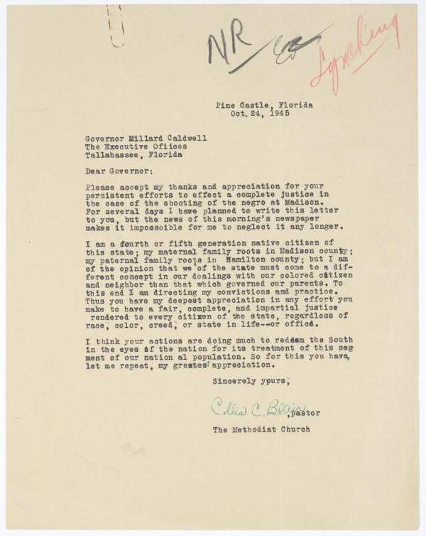 Letter from Collis Blair to Governor Millard Caldwell Concerning the Lynching of Jesse James Payne, October 24, 1945