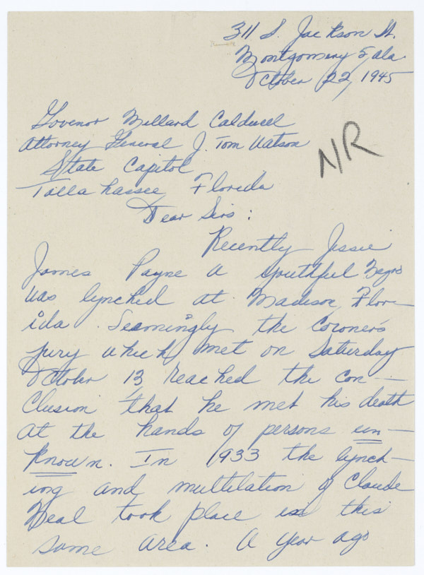 Letter from Jacqueline E. Hart to Governor Millard Caldwell Concerning the Lynching of Jesse James Payne, October 22, 1945