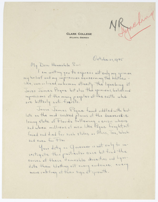 Letter from an Anonymous Writers from Clark College to Governor Millard Caldwell, October 23, 1945