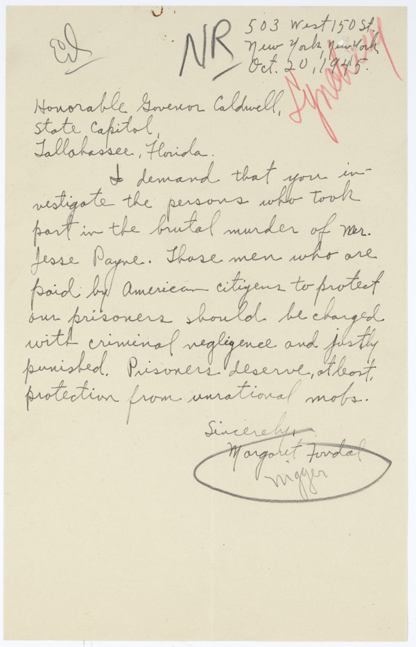 Letter from Margaret Fundal to Governor Millard Caldwell Concerning the Lynching of Jesse James Payne, October 20, 1945