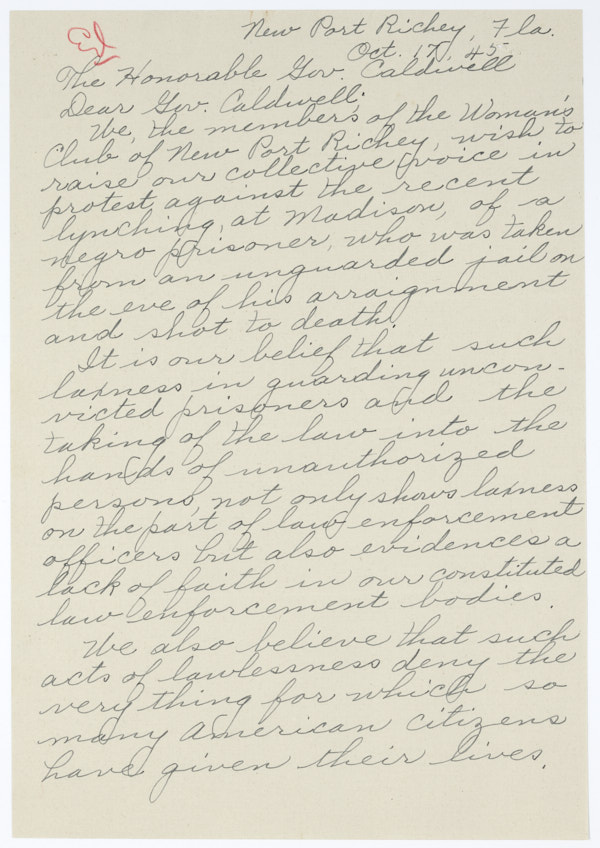 Letter from Lucy Belcher to Governor Millard Caldwell Concerning the Lynching of Jesse James Payne, October 17, 1945