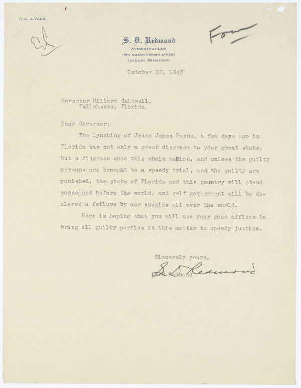Letter from S. D. Redmond to Governor Millard Caldwell Concerning the Lynching of Jesse James Payne, October 18, 1945