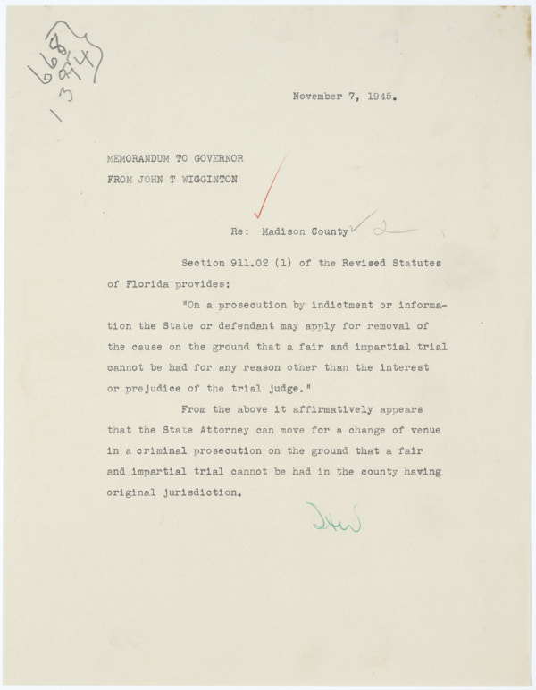 Memorandum from John T. Wigginton to Governor Millard Caldwell Concerning Madison County, November 4, 1945