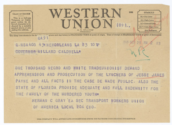 Telegram from Herman C Gray to Governor Millard Caldwell Concerning the Lynching of Jesse James Payne, October 23, 1945