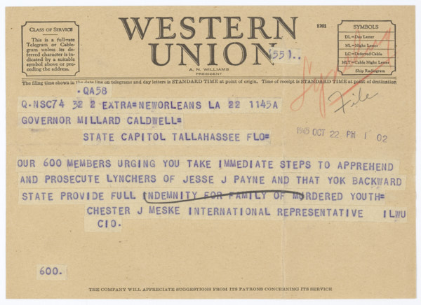 Telegram from Chester J. Meske to Governor Millard Caldwell Concerning the Lynching of Jesse James Payne, October 22, 1945