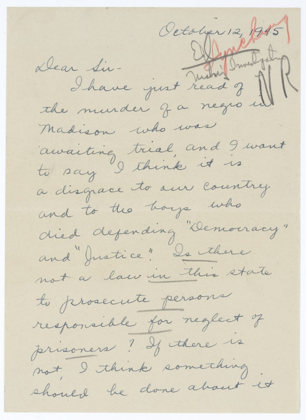 Letter from Mrs. T. S. Capers to Governor Millard Caldwell Concerning the Lynching of Jesse James Payne, October 12, 1945