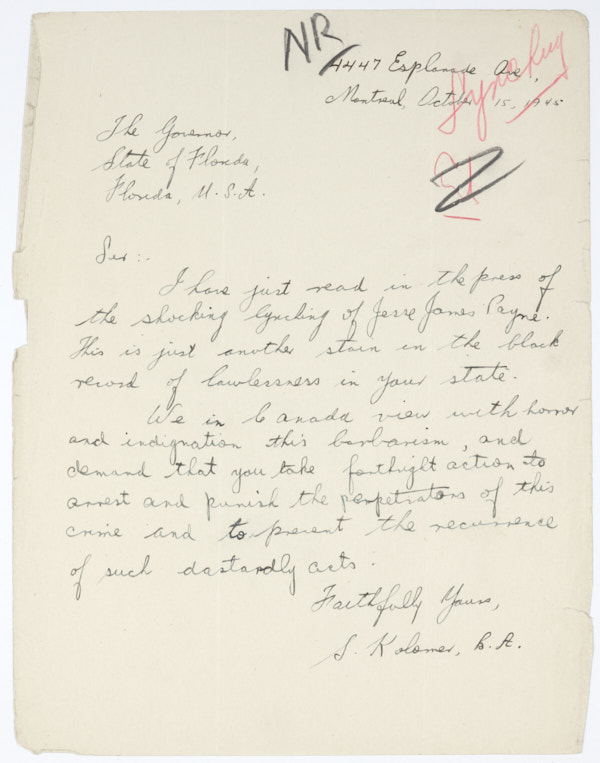 Letter from S. Kolomer to Governor Millard Caldwell, October 15, 1945