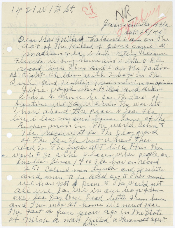Letter from Thomas Wright to Governor Millard Caldwell, October 15, 1945