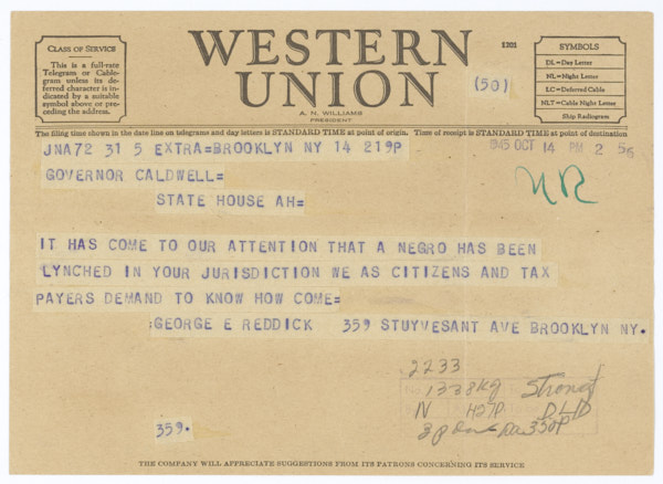 Telegram from George E. Reddick to Governor Millard Caldwell Inquiring About the Lynching of Jesse James Payne, October 14, 1945