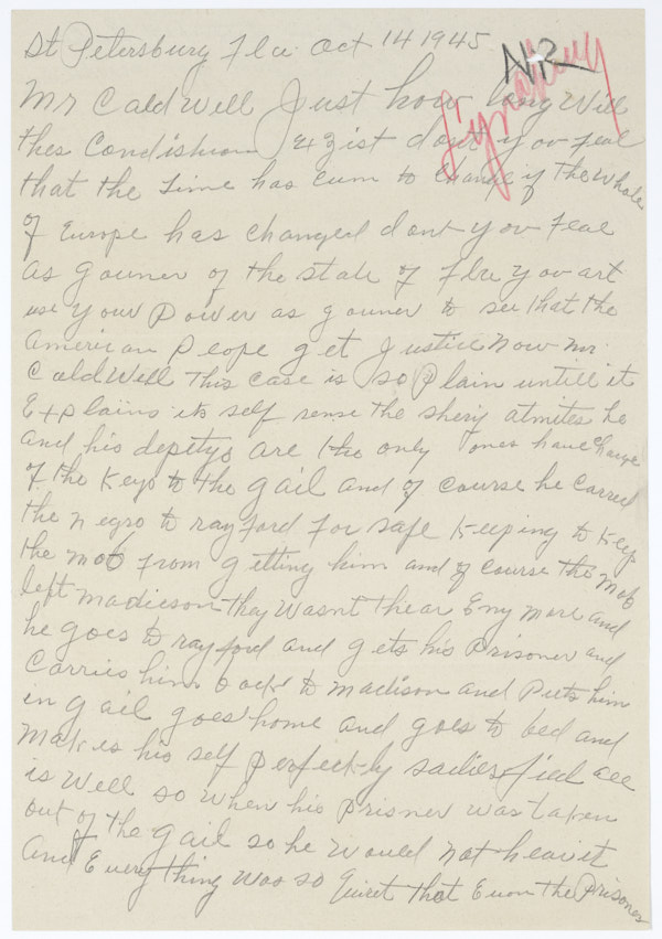Letter from an Anonymous Writer to Governor Millard Caldwell Concerning the Lynching of Jesse James Payne, October 14, 1945