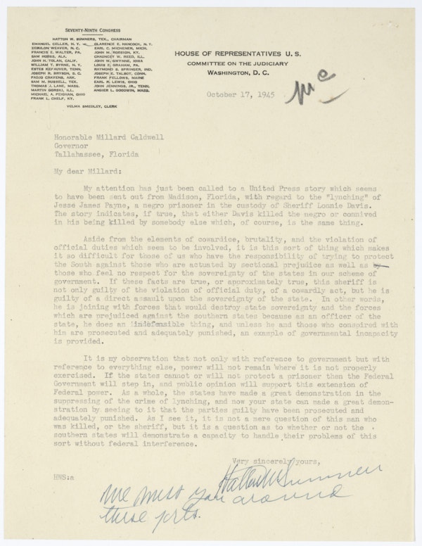 Letter from Hatton W. Sumners to Governor Millard Caldwell Concerning the Lynching of Jesse James Payne, October 17, 1945