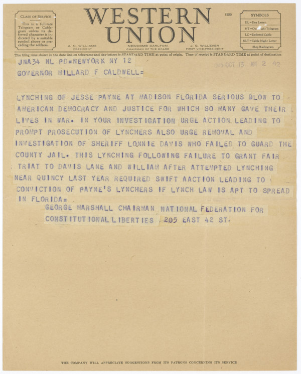 Telegram from George Marshall to Governor Millard Caldwell Concerning the Lynching of Jesse James Payne, October 13, 1945