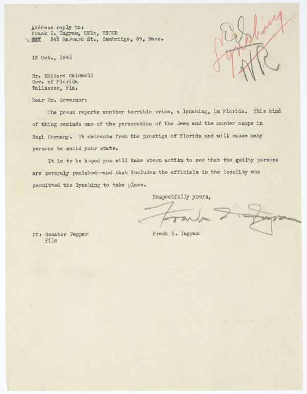 Letter from Frank I. Ingram to Governor Millard Caldwell Concerning Lynching in Florida