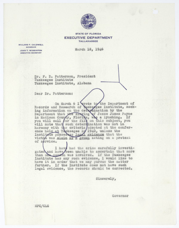 Copy of Letter from Governor Millard Caldwell to Dr. F. D. Patterson Concerning Semantics of Lynching
