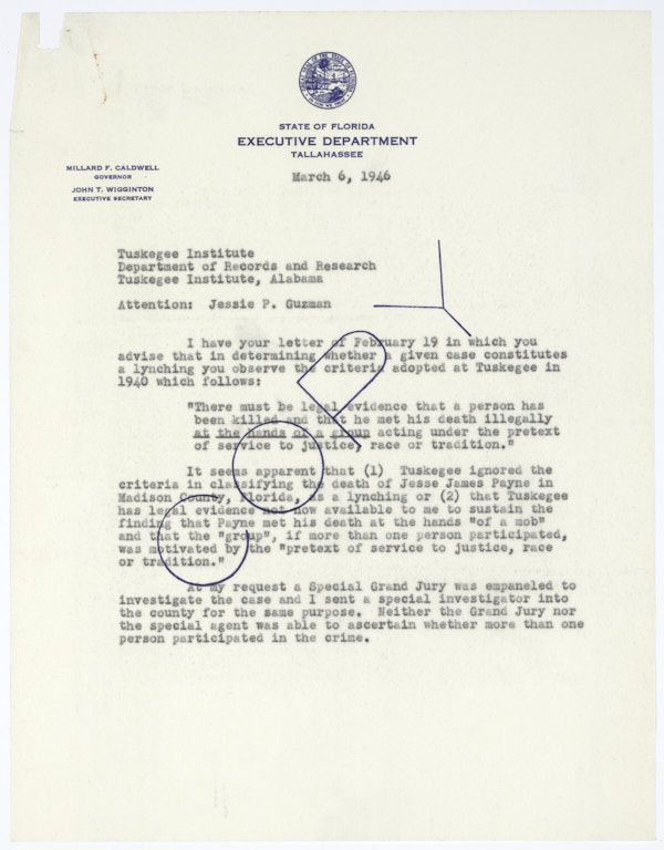 Copy of Letter from Governor Millard Caldwell to Jessie P. Guzman Concerning the Semantics of Lynching