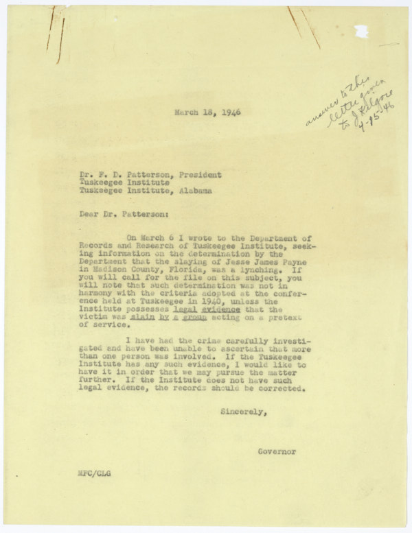 Letter from Governor Millard Caldwell to Dr. F. D. Patterson Concerning Semantics of Lynching