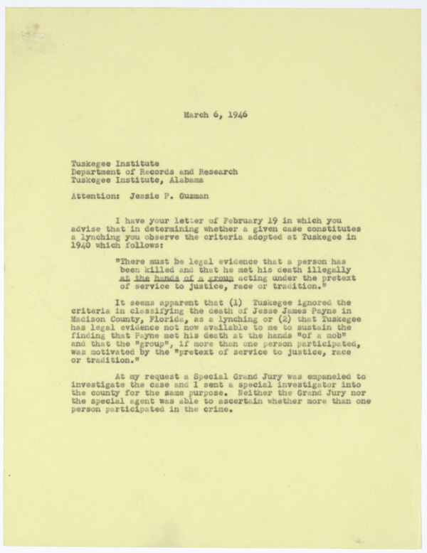 Correspondence between Governor Millard Caldwell to Jessie P. Guzman Concerning the Semantics of Lynching