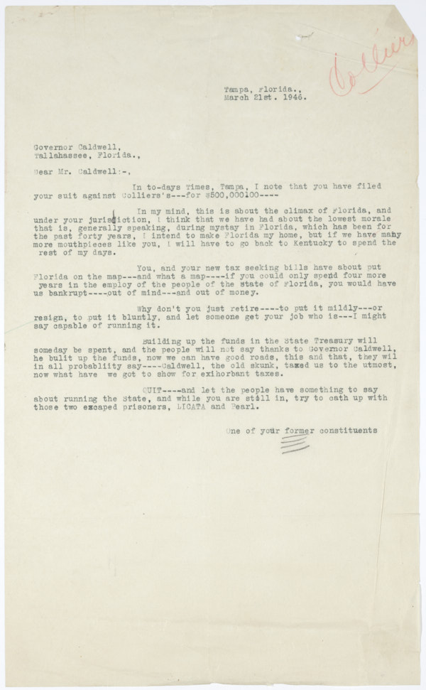 Letter from an Anonymous Writer to Governor Millard Caldwell, March 21, 1945