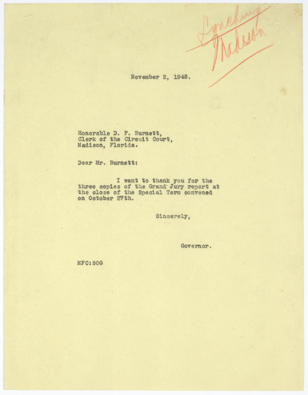 Letter from Governor Millard Caldwell to Daniel Felix Burnett Jr. Concerning Investigation of Jesse James Payne's Death, November 2, 1945