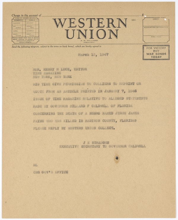 Telegram from J. E Straughn to Henry Luce, March 13, 1947