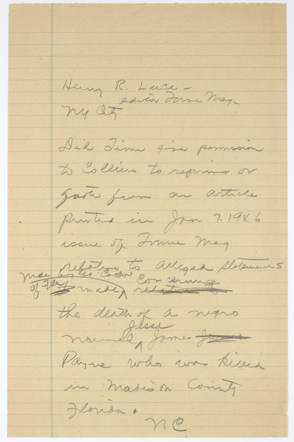 Draft of a Letter from Governor Caldwell's Office to Henry Luce