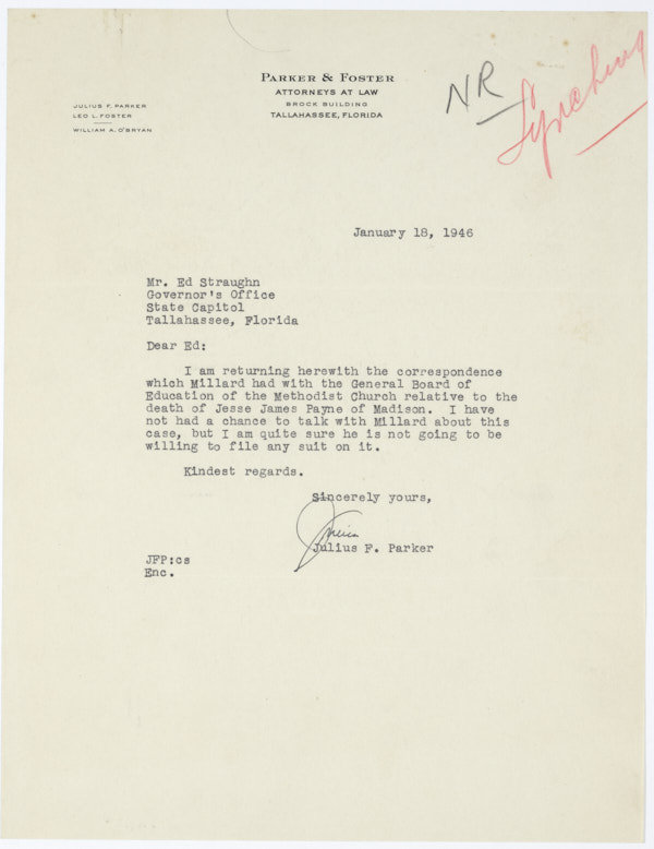 Letter from Julius F. Parker to Ed Straughn Regarding Alleged Statement Caldwell Made about the Lynching of Jesse James Payne, January 18,1946
