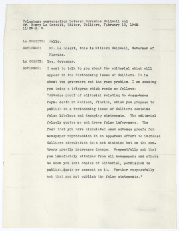 Transcript of Telephone Conversation Between Governor Millard Caldwell and Henry La Cossitt, February 13, 1946
