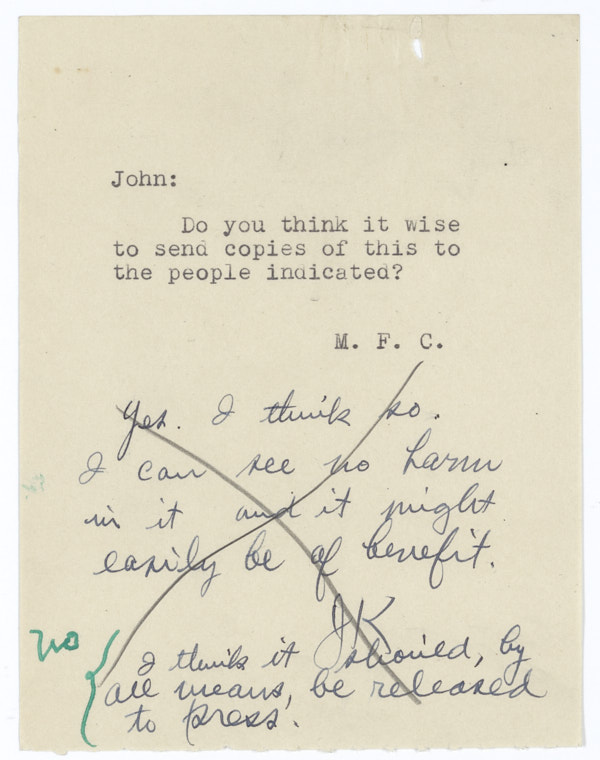 Note from Governor Millard Caldwell to John with Newspaper Clipping