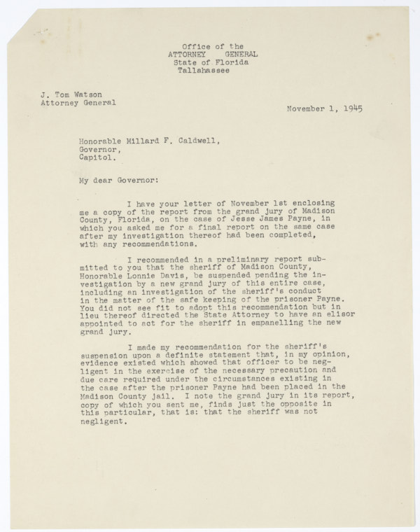 Copy of Letter from John Thomas Watson to Governor Millard Caldwell Regarding Lynching of Jesse James Payne, October 23, 1945